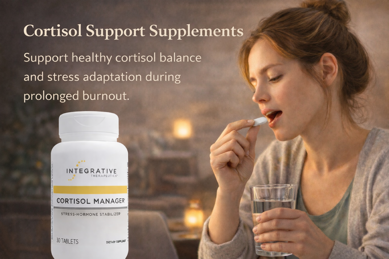 Woman taking supplement beside cortisol support bottle with text about stress and burnout