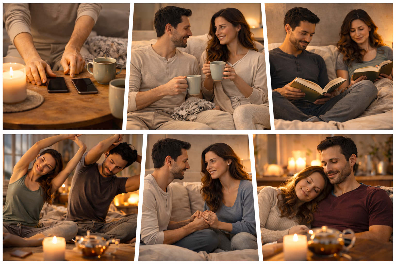 Six warm indoor scenes of couples relaxing, drinking, cooking, reading, and embracing by candlelight