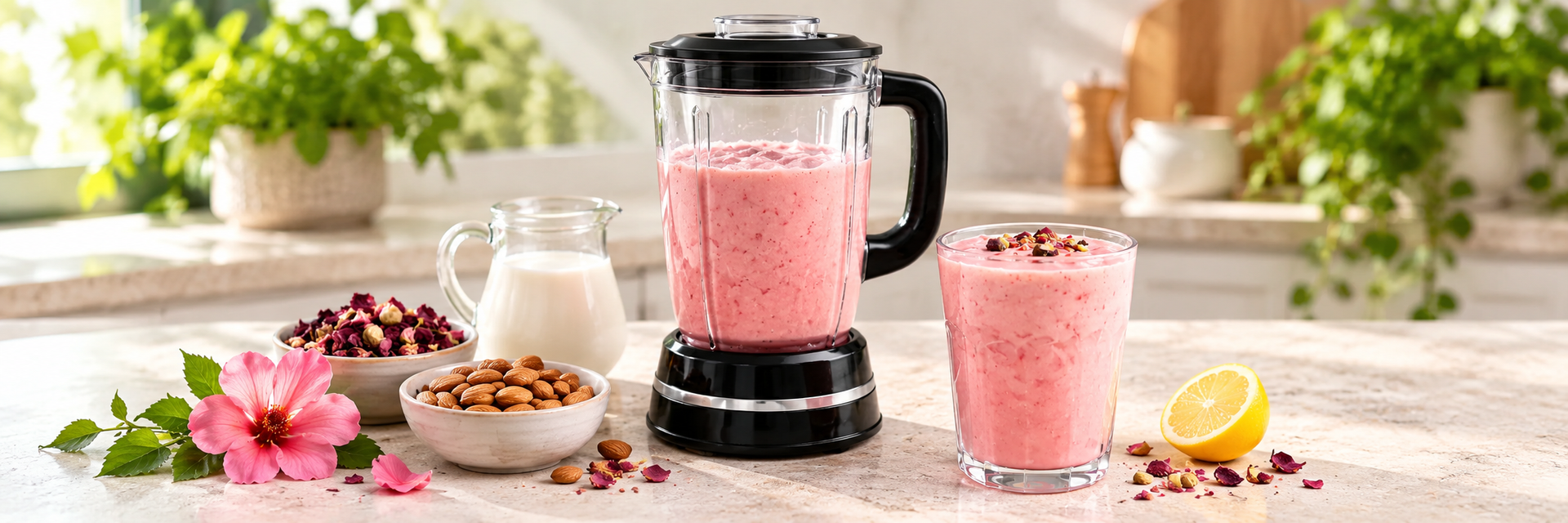 Pink hibiscus rose smoothie beside blender, almonds, milk and lemon.