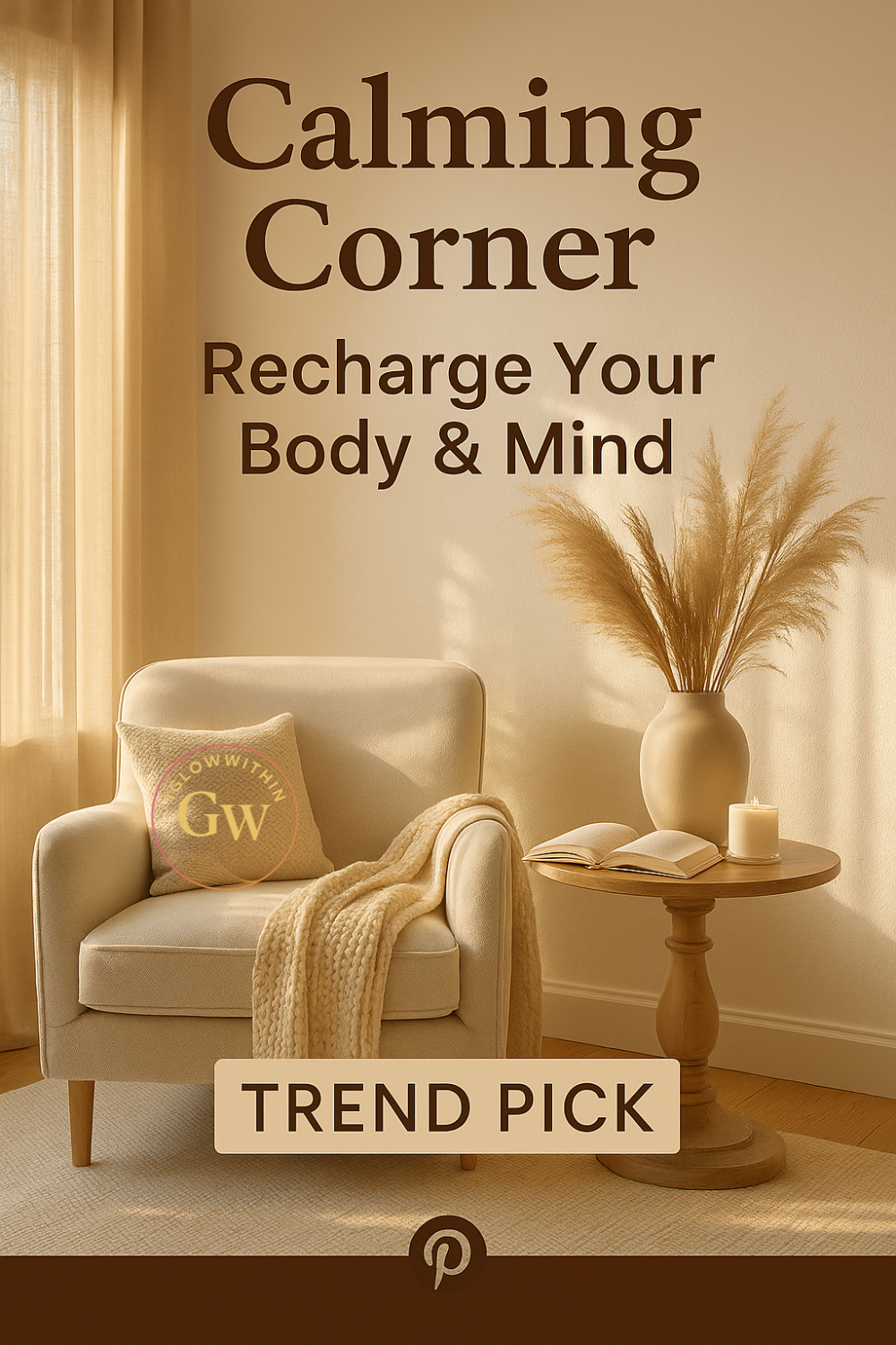 Cozy beige reading corner with armchair, lamp, table, and text “Calming Corner: Recharge Your Body & Mind”