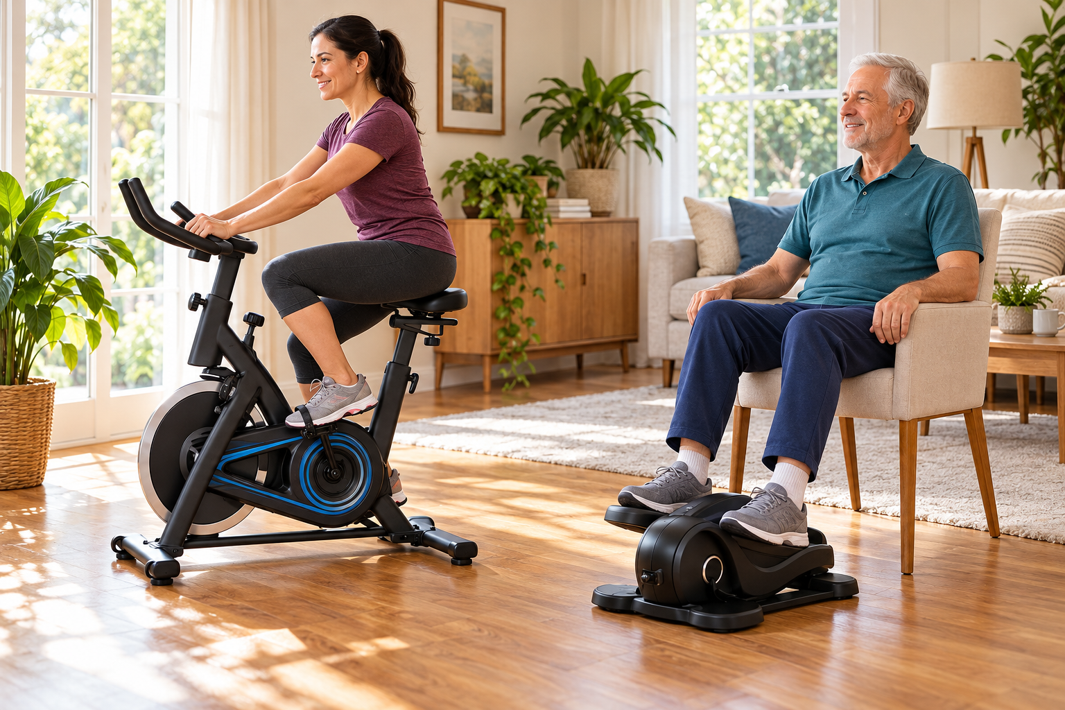 Woman on an exercise bike and and man on elliptical tool