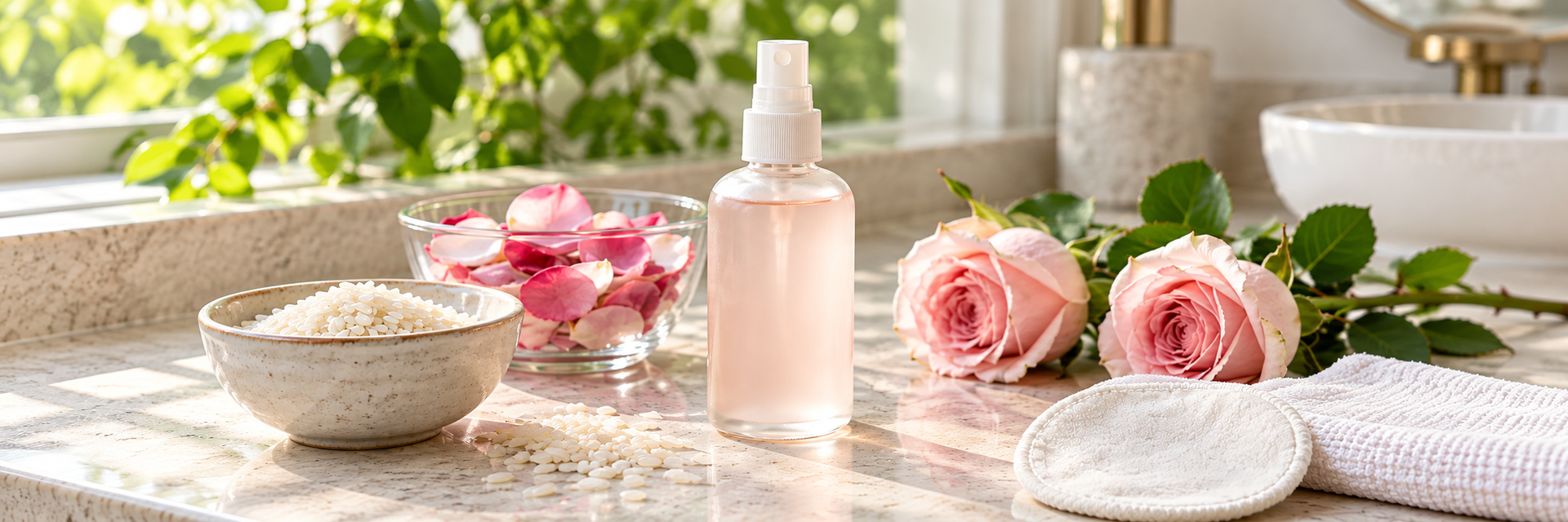 DIY rice and rose water toner ad with bottle, rice, rose petals, and text “Brighten - Tighten - Hydrate”