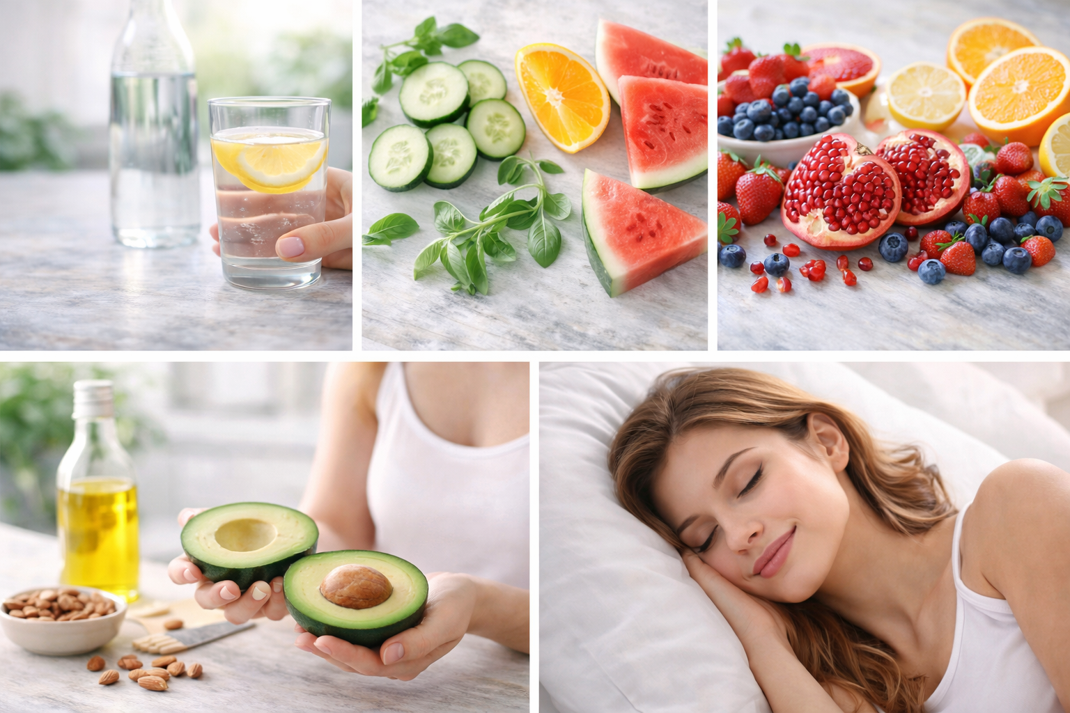 Healthy foods and relaxing woman in a bright wellness collage: fruit, vegetables, avocado, olive oil, and sleep