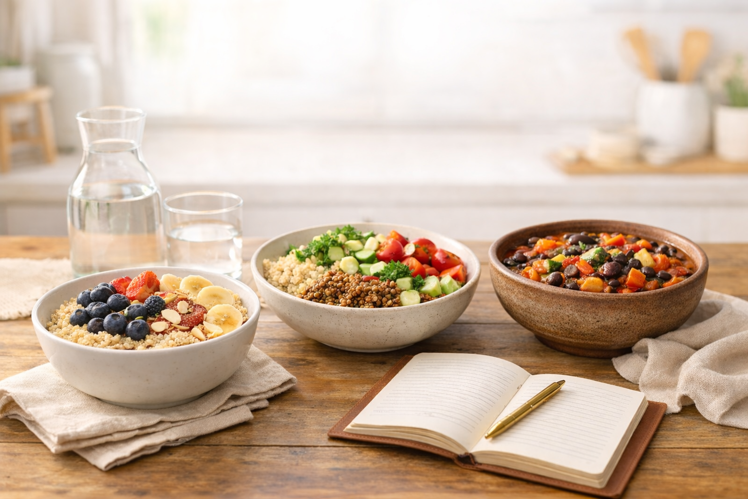 Bowls of granola with berries on a bright table, with an open notebook and glass bottle in the background