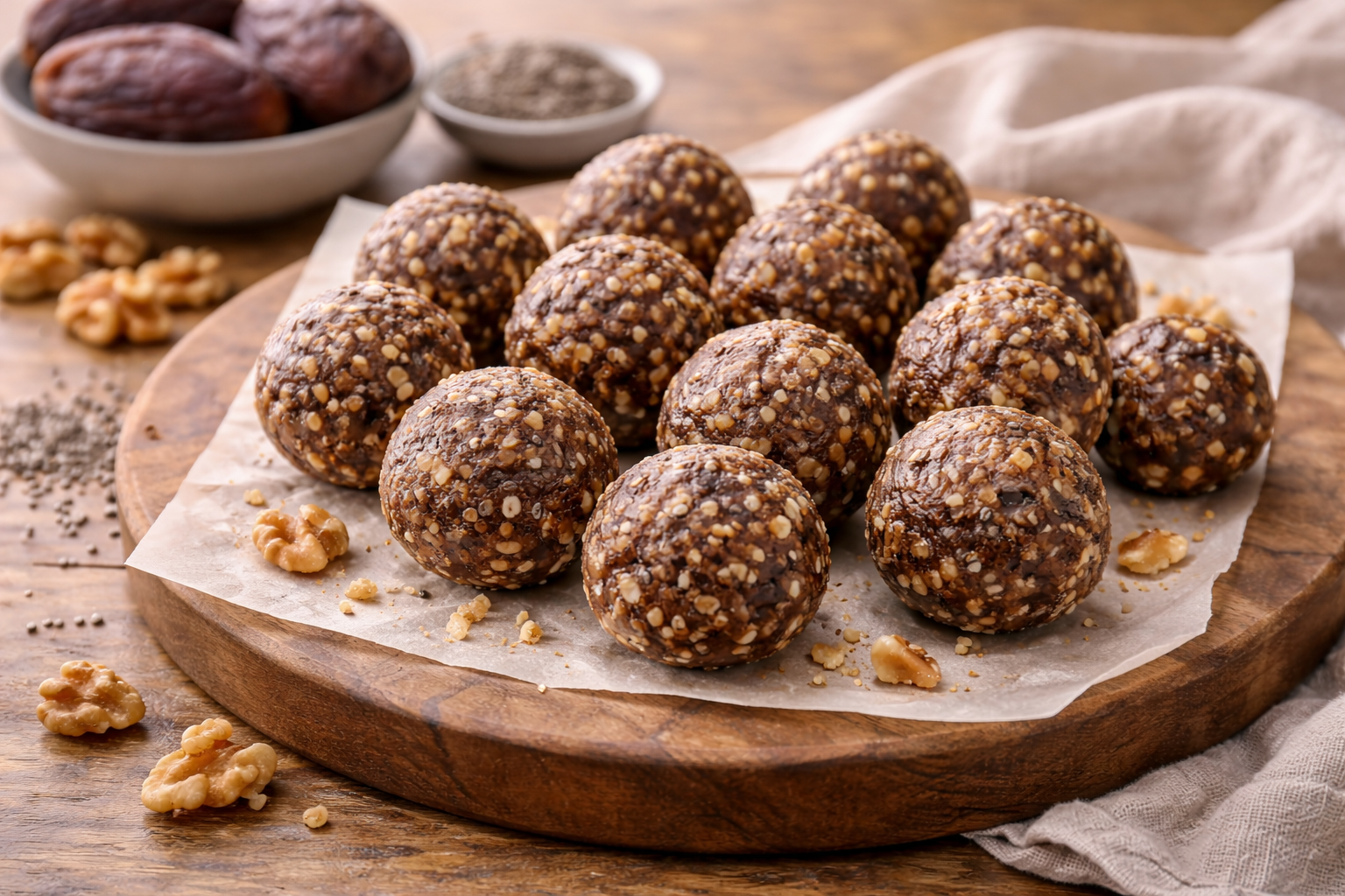 Chocolate nut energy balls on a parchment-lined wooden board, with walnuts and dates in the background