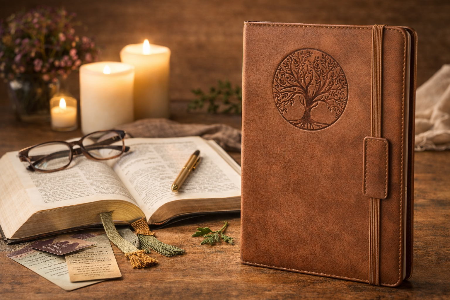 Leather journal on a wooden desk beside an open book, glasses, candles, and pressed flowers in warm light