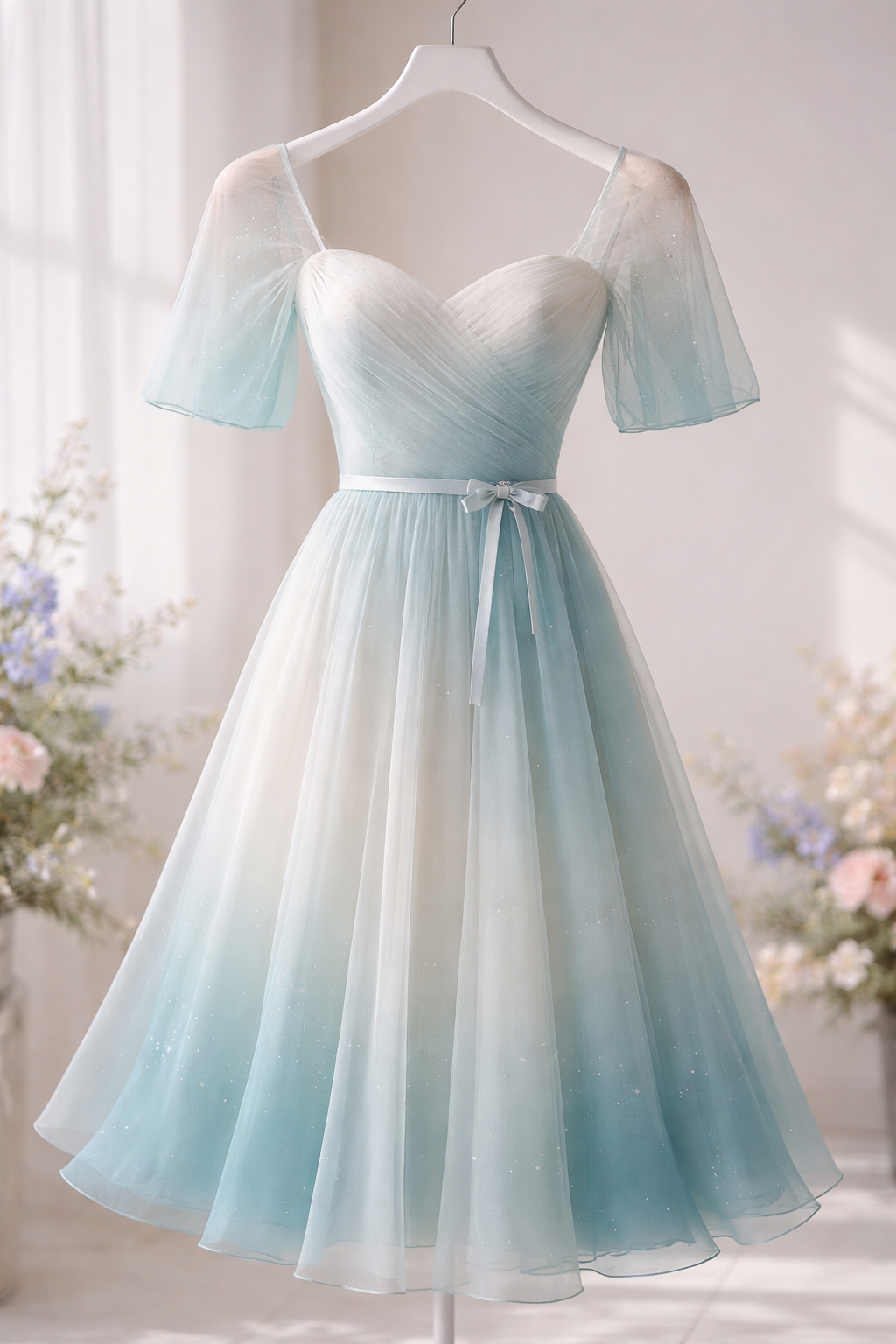 Light blue tulle dress with short sleeves and a fitted, off-shoulder bodice on a hanger