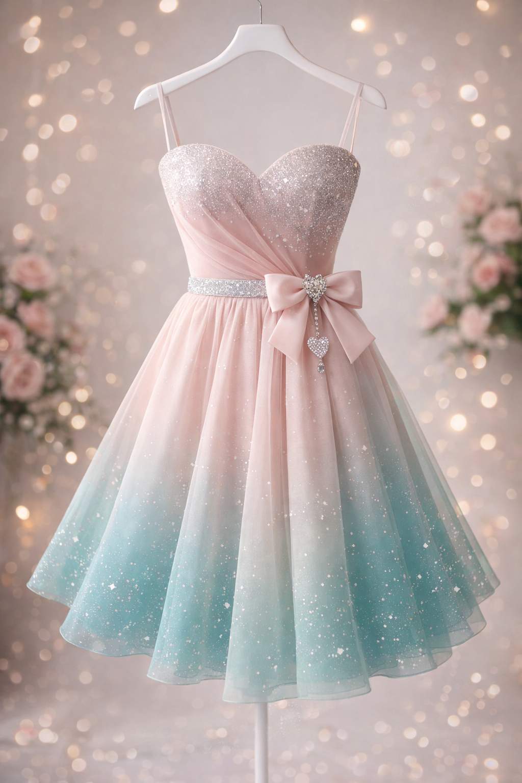 Pastel pink-and-mint strapless dress with a bow on a hanger against a soft floral bokeh background