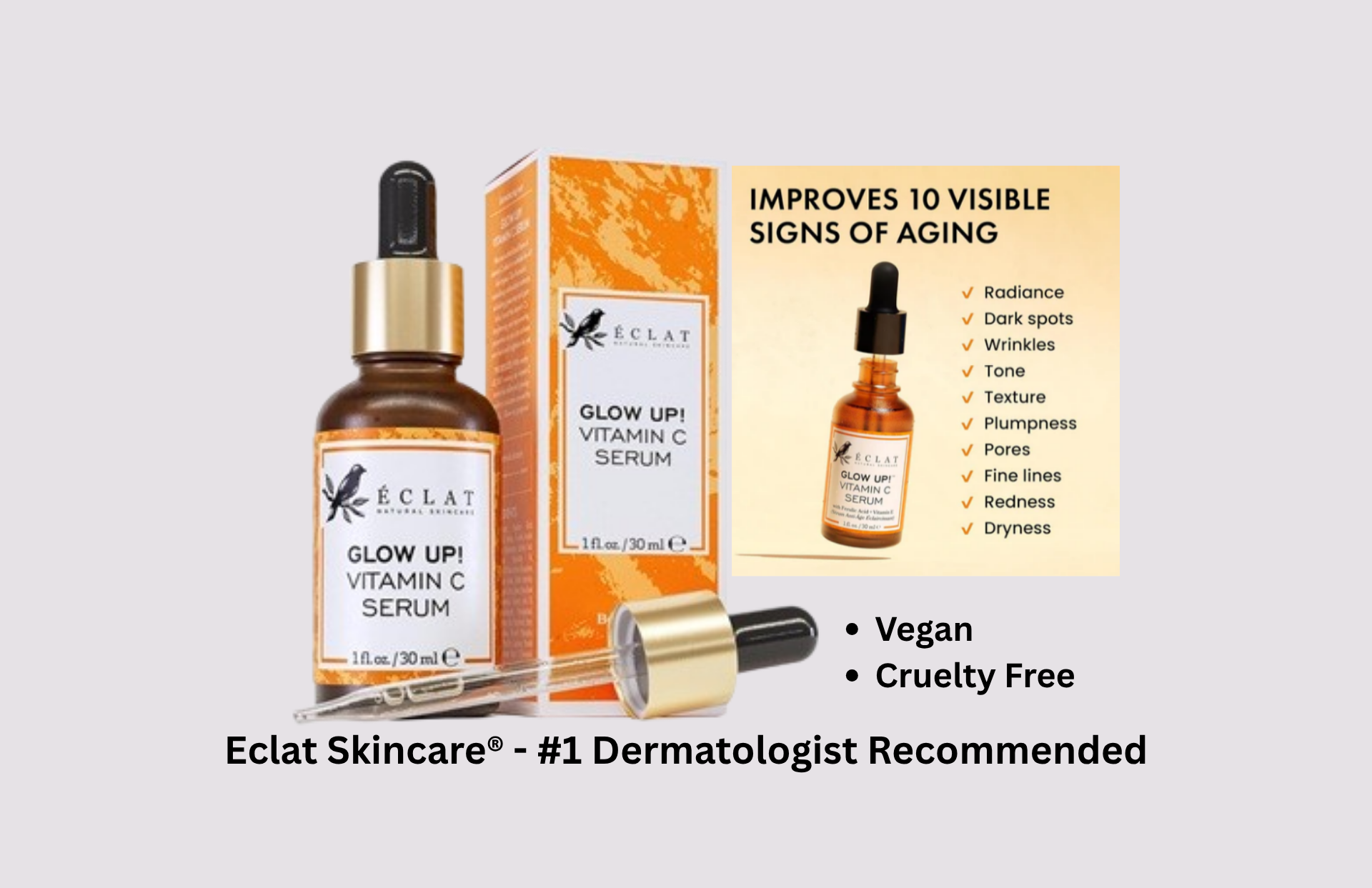 Eclat Skincare ad with vitamin C serum bottle and orange box, highlighting anti-aging and vegan cruelty-free benefits