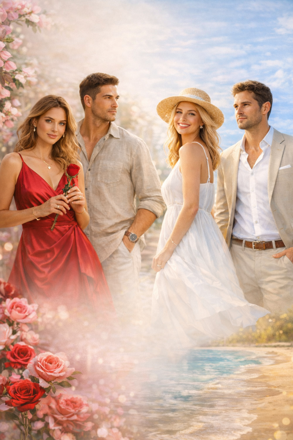 Four fashionably dressed people stand in a dreamy garden with roses and mist near a sunlit path.