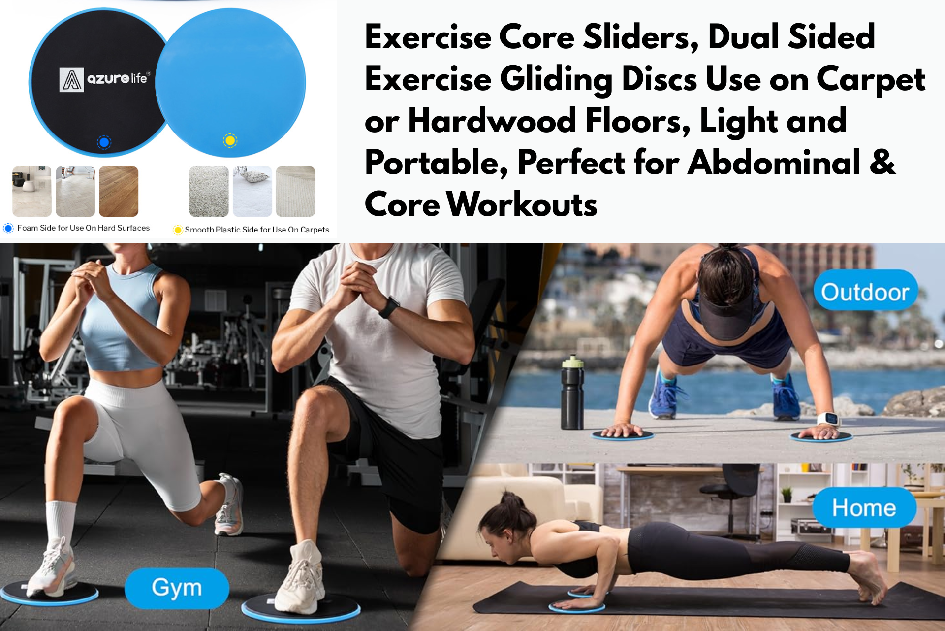 Blue and black exercise sliders shown with people using them on gym, home, and outdoor floors