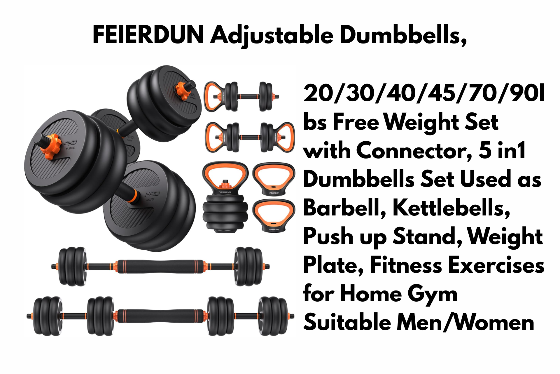 FEIERDUN adjustable dumbbells with weight plates, kettlebell, barbell, push-up stand, for home gym training