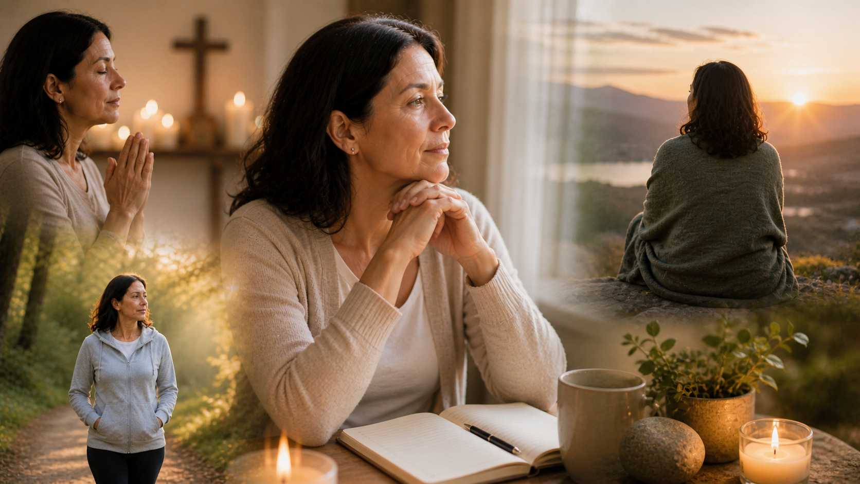 Woman in prayer collage at sunrise with cross, candlelight, and a seated meditation scene