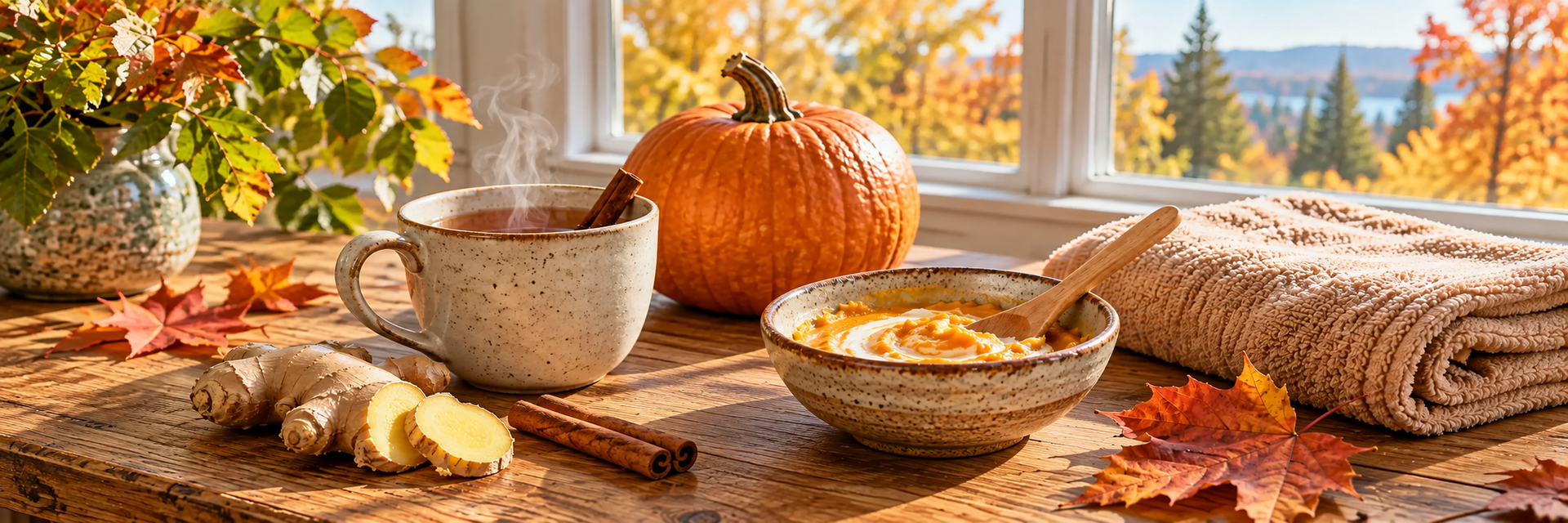 Cozy fall desk scene with candle, pumpkin, coffee, and notebook beside text: “5 Pumpkin Spice Self-Care Rituals for Fall”