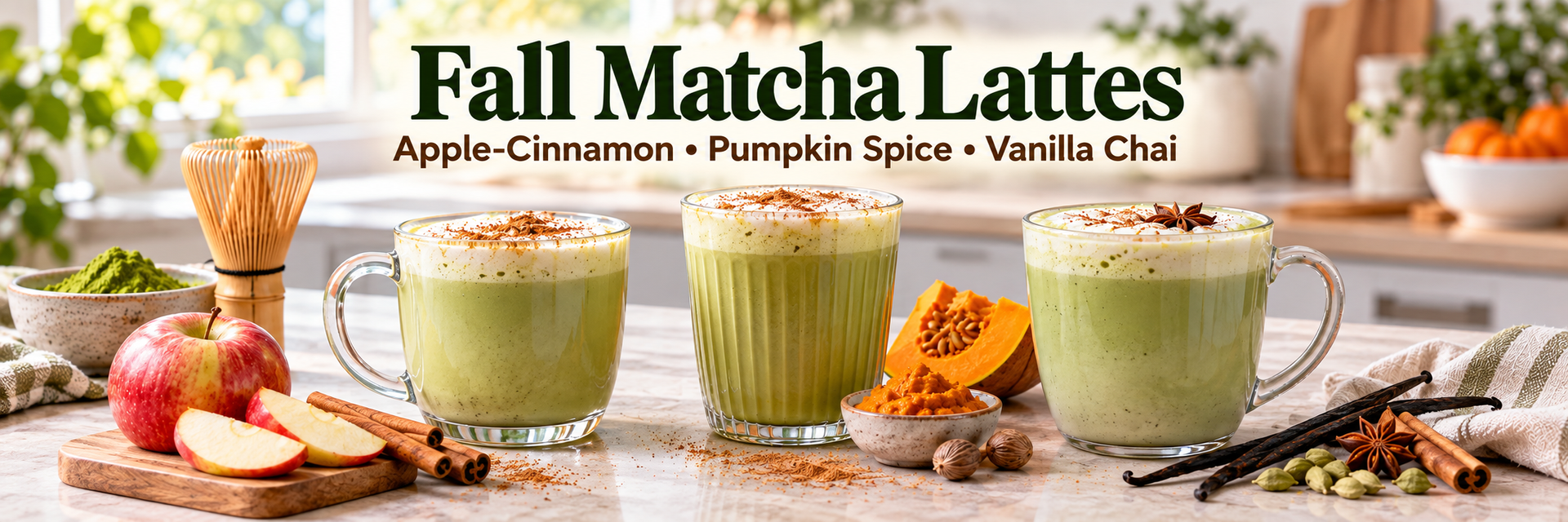 Apple cinnamon, pumpkin spice, and vanilla chai matcha lattes with seasonal ingredients on kitchen countertop.