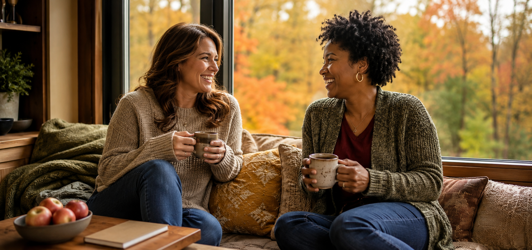 Two friends enjoying a peaceful fall moment surrounded by vibrant autumn leaves and warmth