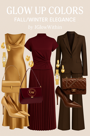Fashion collage with gold, burgundy, and brown fall-winter outfits, handbags, and heels on beige background