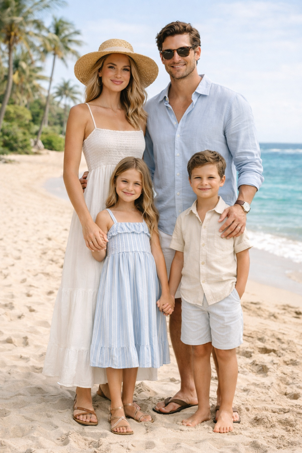 A family of four standing on a sunny beach, wearing light summer clothes and smiling.