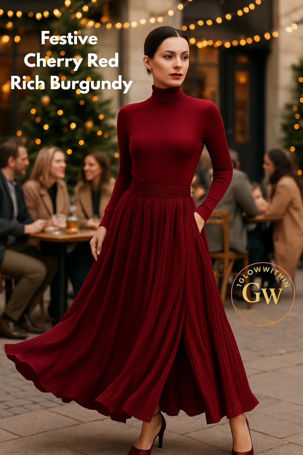 Woman in a burgundy dress walking outdoors at a festive evening gathering with string lights in the background