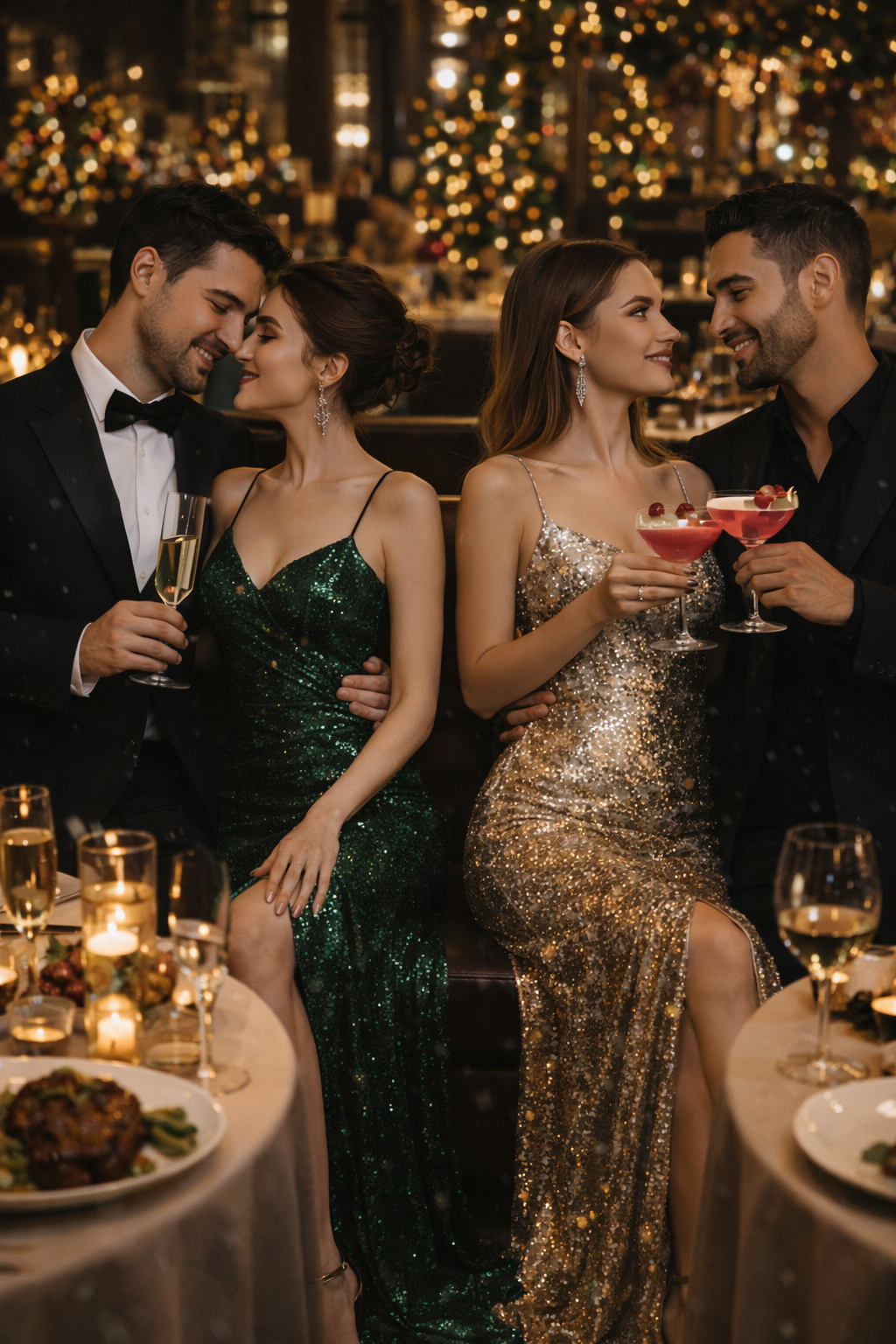 Four elegantly dressed couples mingle at a candlelit cocktail party with festive lights in the background.