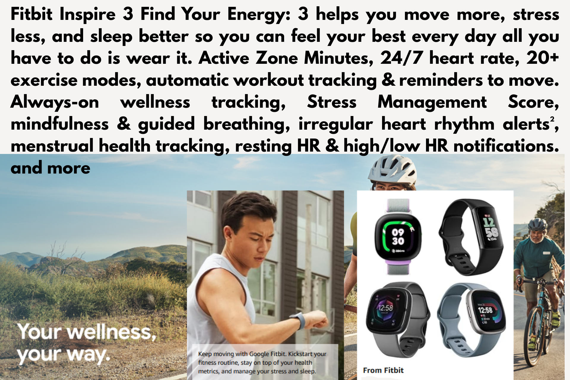 Fitness smartwatch ad showing multiple watch faces and icons with wellness tracking features on a collage background