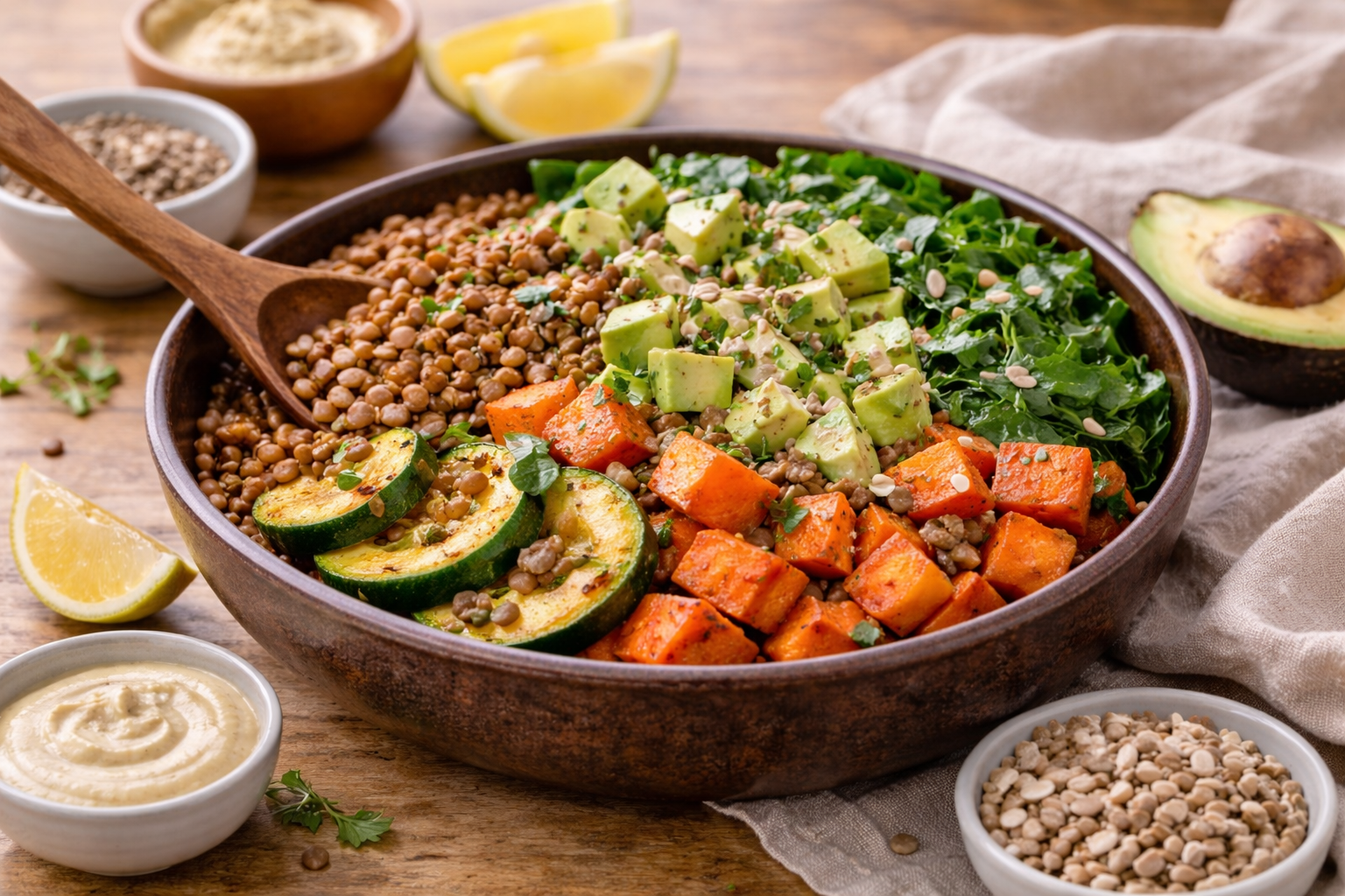 Colorful grain bowl with avocado, roasted vegetables, greens, and sauce on a wooden table