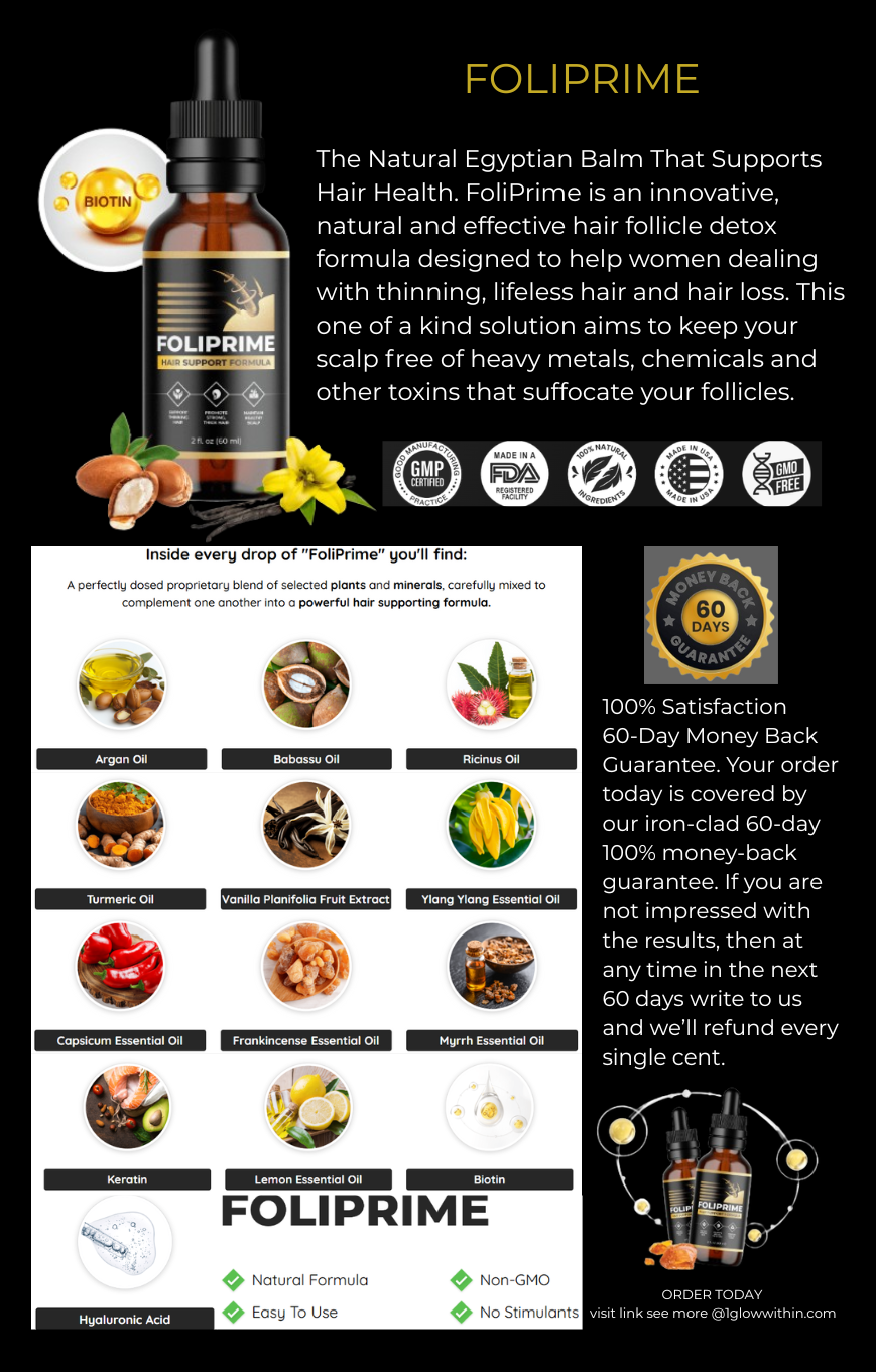 Black product ad for FOLIPRIME hair growth serum with ingredient icons and comparison chart