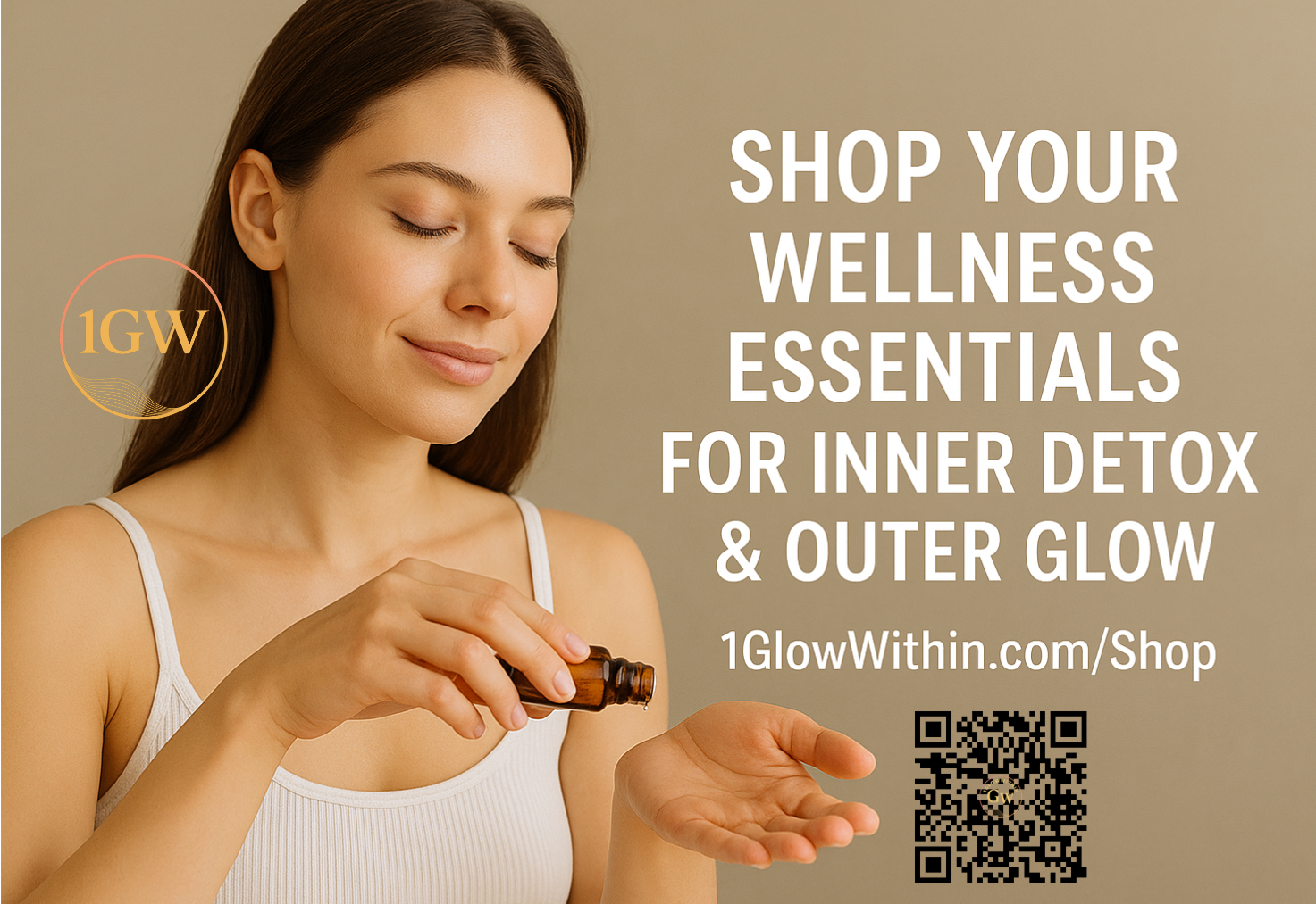 Woman with eyes closed applying serum, promoting wellness essentials for inner and outer glow, with QR code and website text