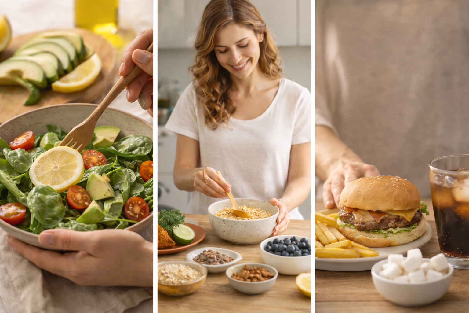 Three-panel food collage: salad being tossed, woman preparing oatmeal, and a burger with fries and milkshake