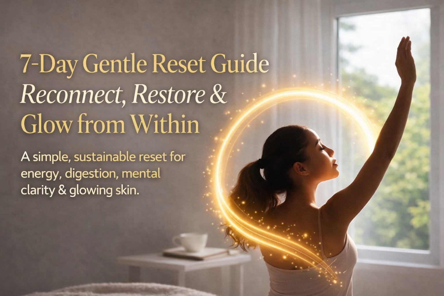 7-day gentle reset guide with woman stretching by a window, glowing gold light and wellness text