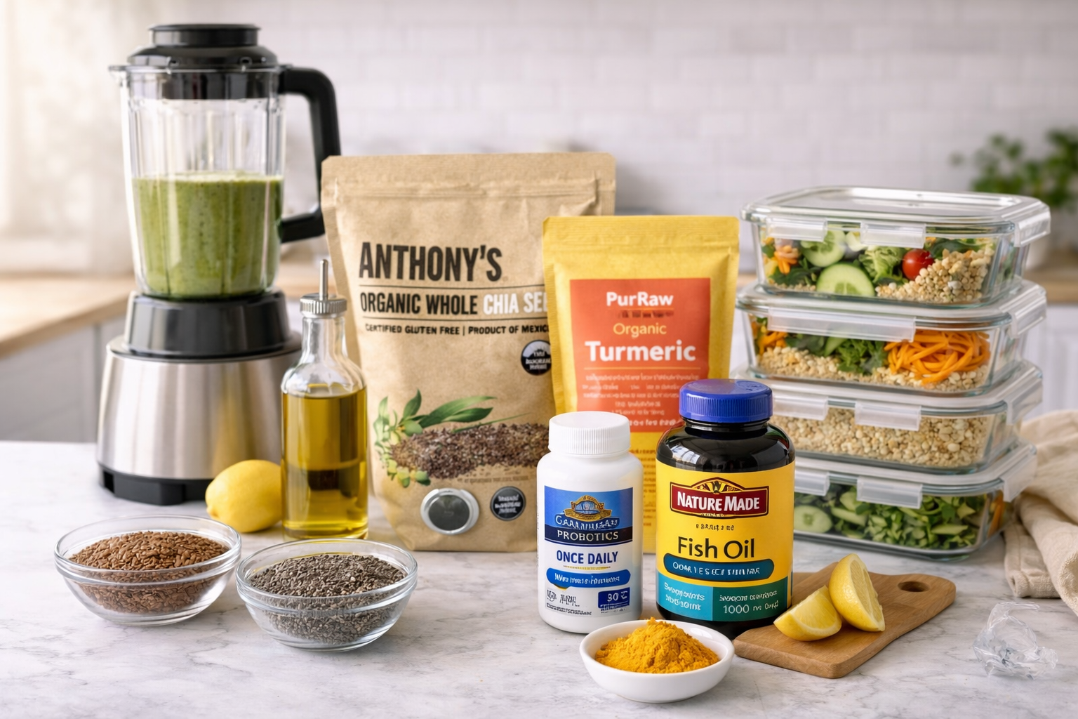 Healthy food ingredients beside a blender: greens, turmeric, ginger, wheatgrass, oil, nuts, and sprouts.