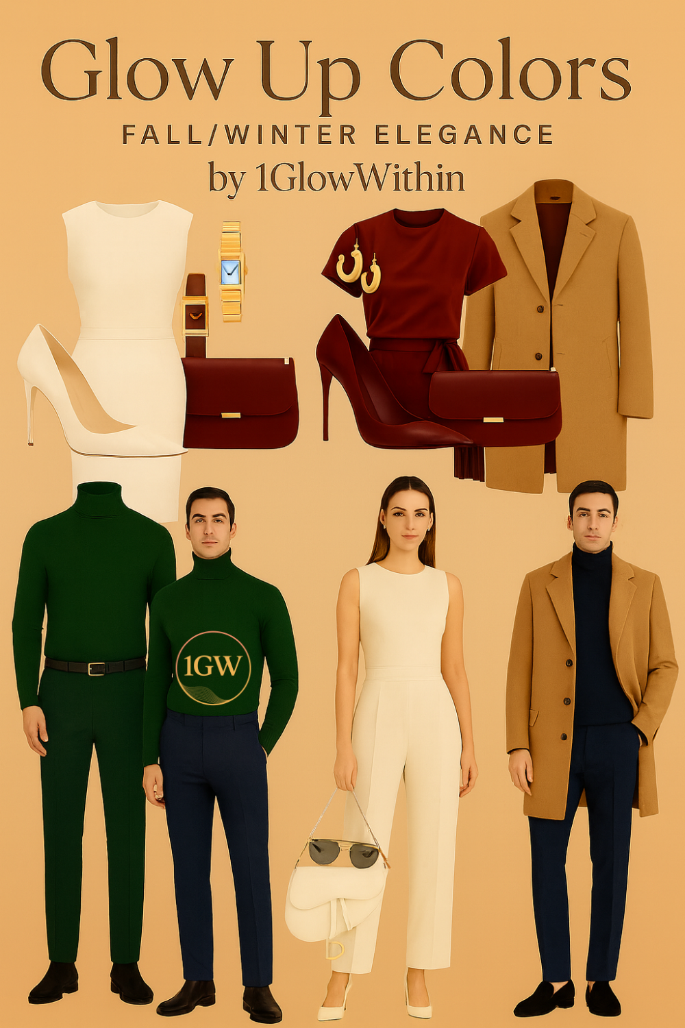 Glow Up Colors fashion poster with tan, burgundy, green, and cream outfits on a warm background