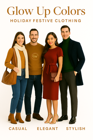 Four models in festive fall outfits under the text “Glow Up Colors” and “Holiday Festive Clothing”