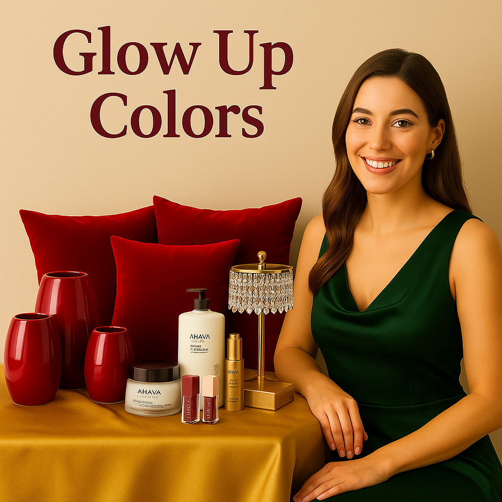 Glow Up Colors ad with red and gold skincare products beside a smiling woman in a green dress