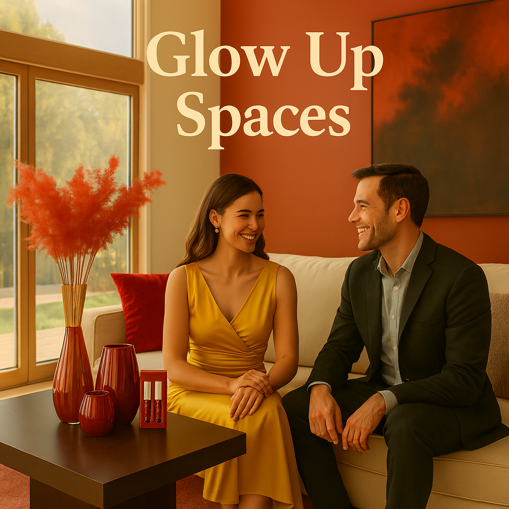 Stylish living room with two people on a sofa, orange decor, and “Glow Up Spaces” text