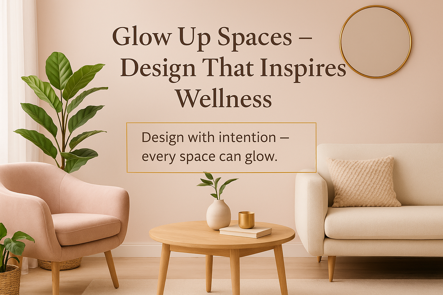 Warm beige wellness lounge with sofa, chair, plant, and text: “Glow Up Spaces—Design That Inspires Wellness.”