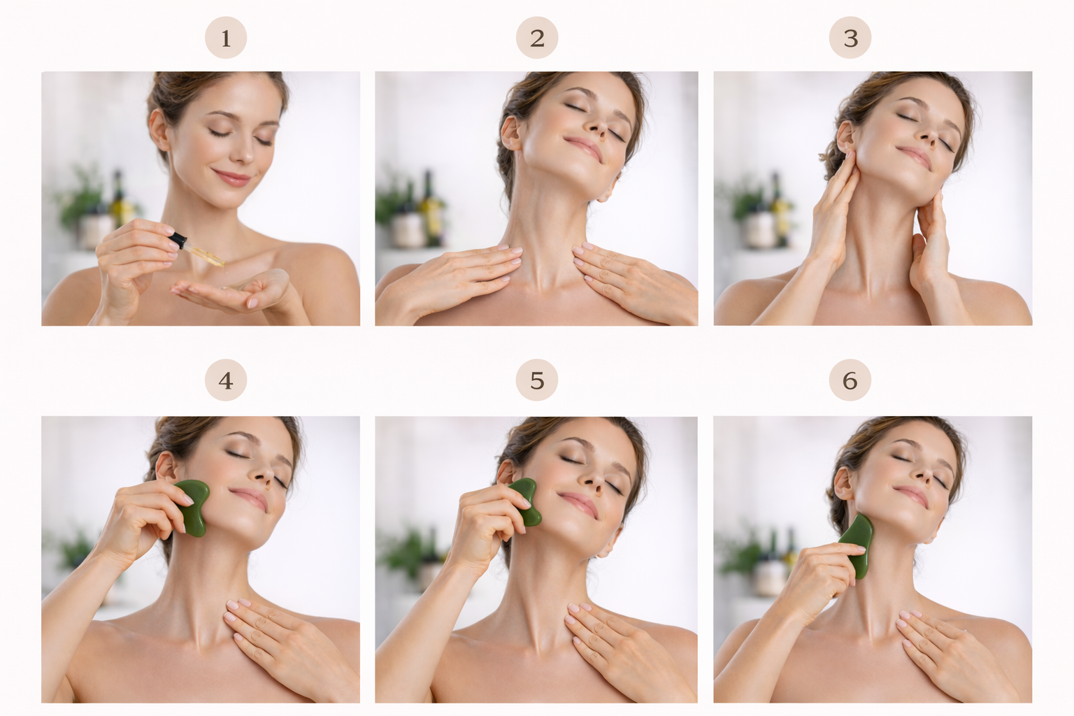 Six-panel skincare routine showing a woman applying serum to her neck and chest with a green bottle.