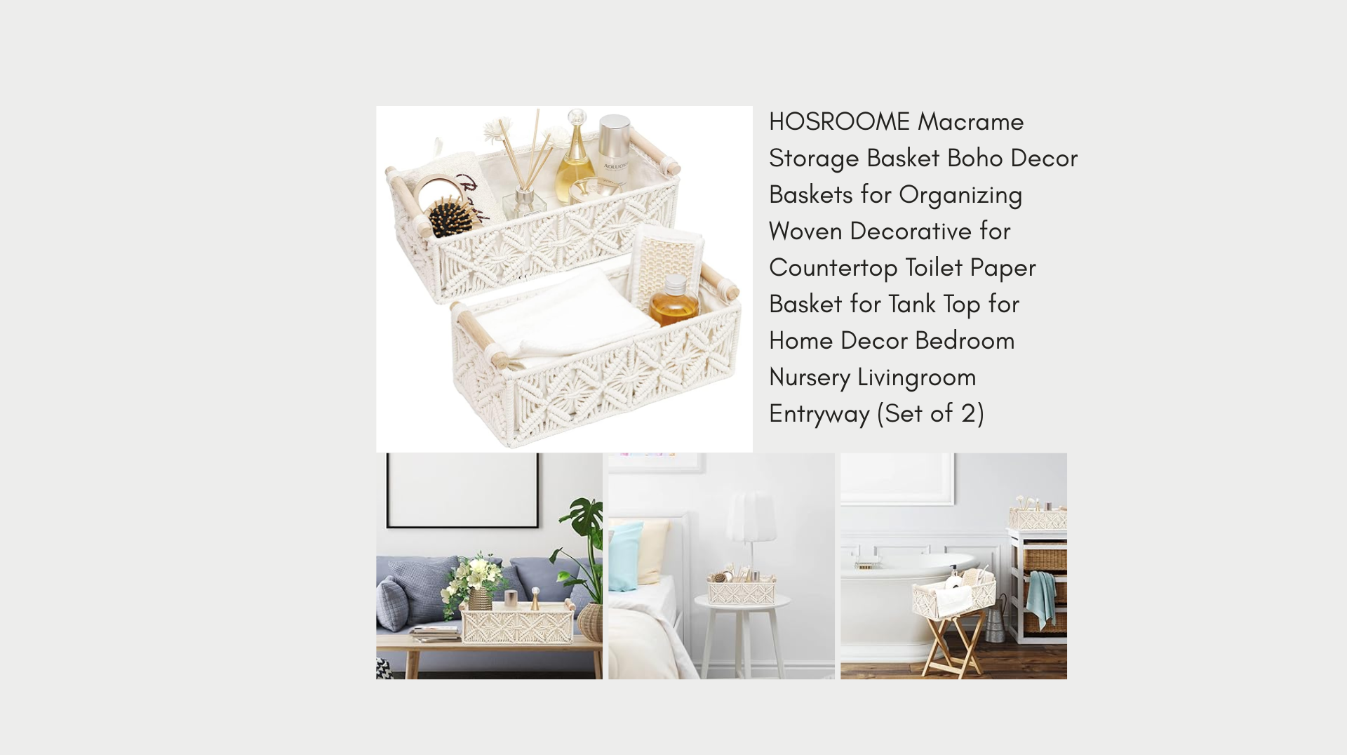 White macrame storage basket with beaded handles and visible lined compartments in a bright home interior collage