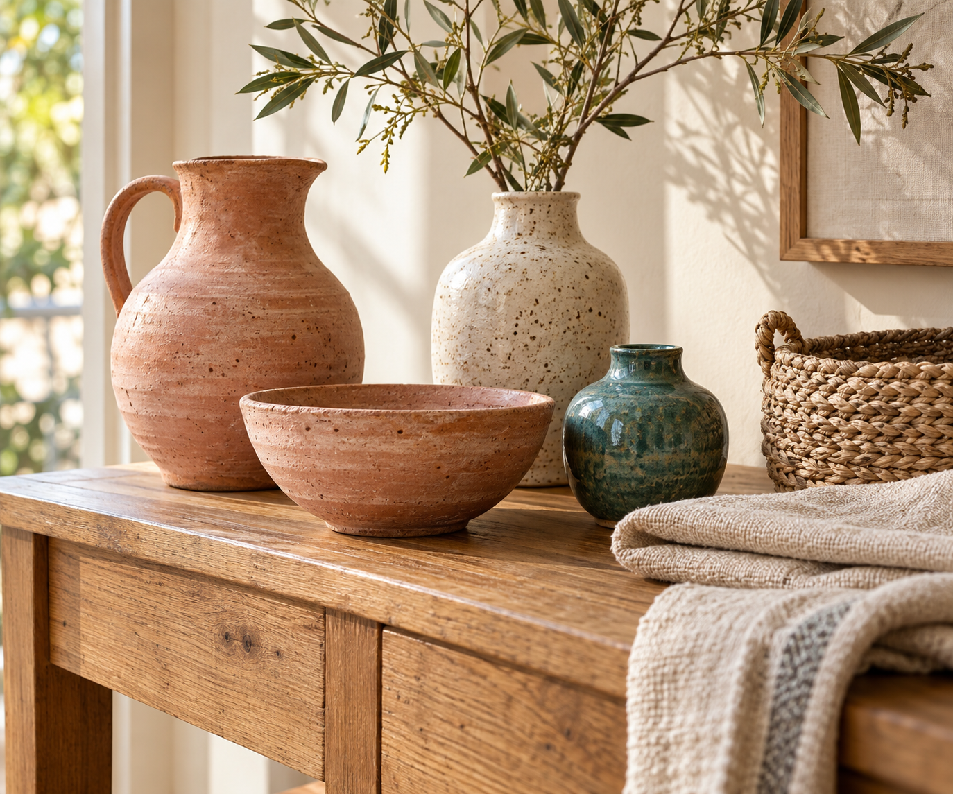 Clay ceramics, woven basket and natural wood details