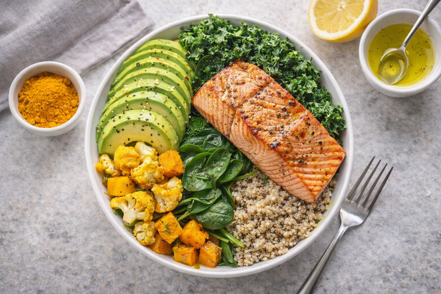 Healthy grain bowl with salmon, avocado, kale, roasted vegetables, lemon, and olive oil on a gray plate