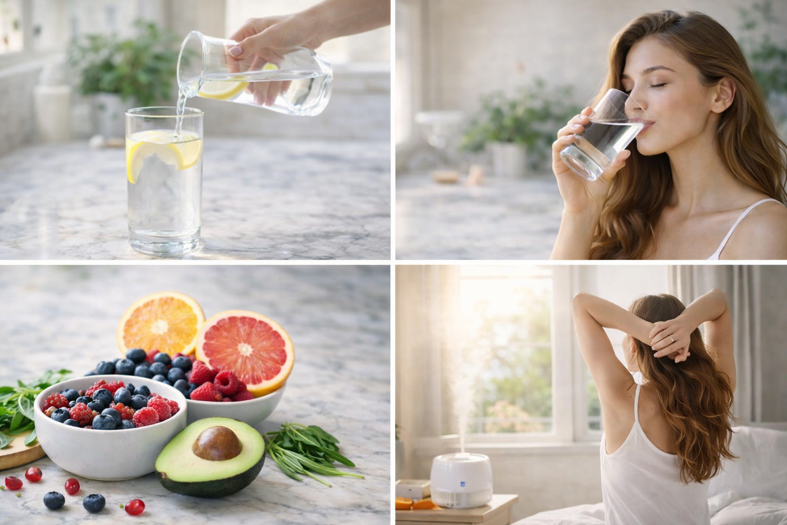 Wellness collage: water with lemon, woman drinking, fruit bowl, and woman stretching by a window