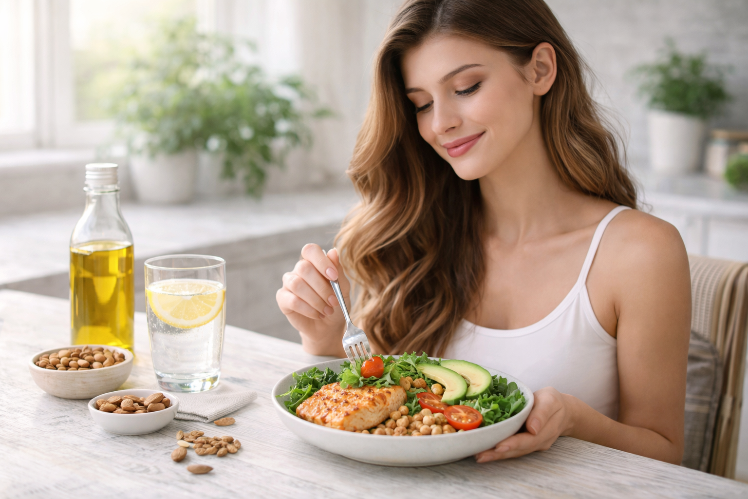 Woman eating a salad at a bright kitchen table with olive oil, lemon water, and nuts nearby
