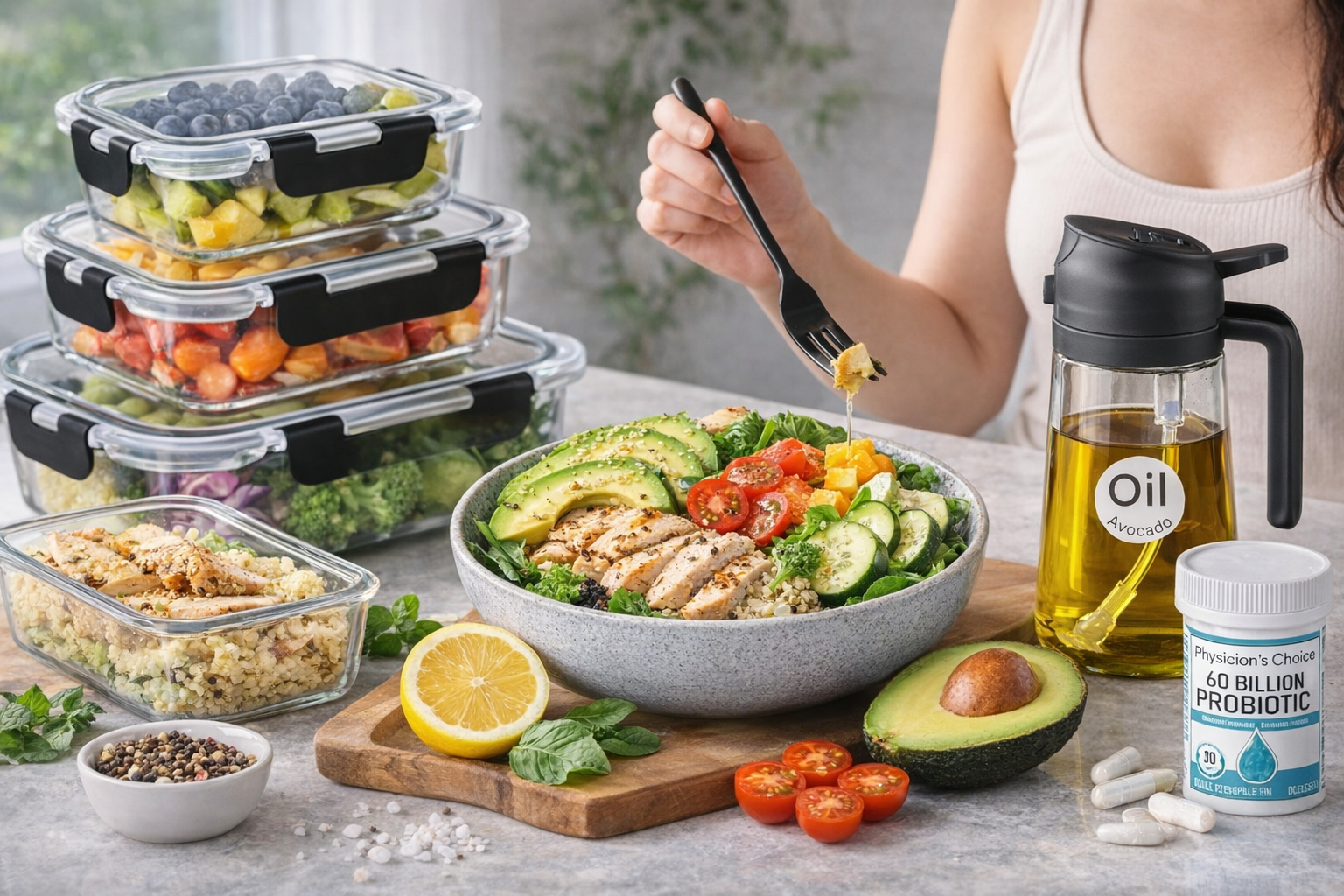 Meal prep salad bowls with fresh ingredients, avocado, lemon, olive oil, and a hand tossing dressing