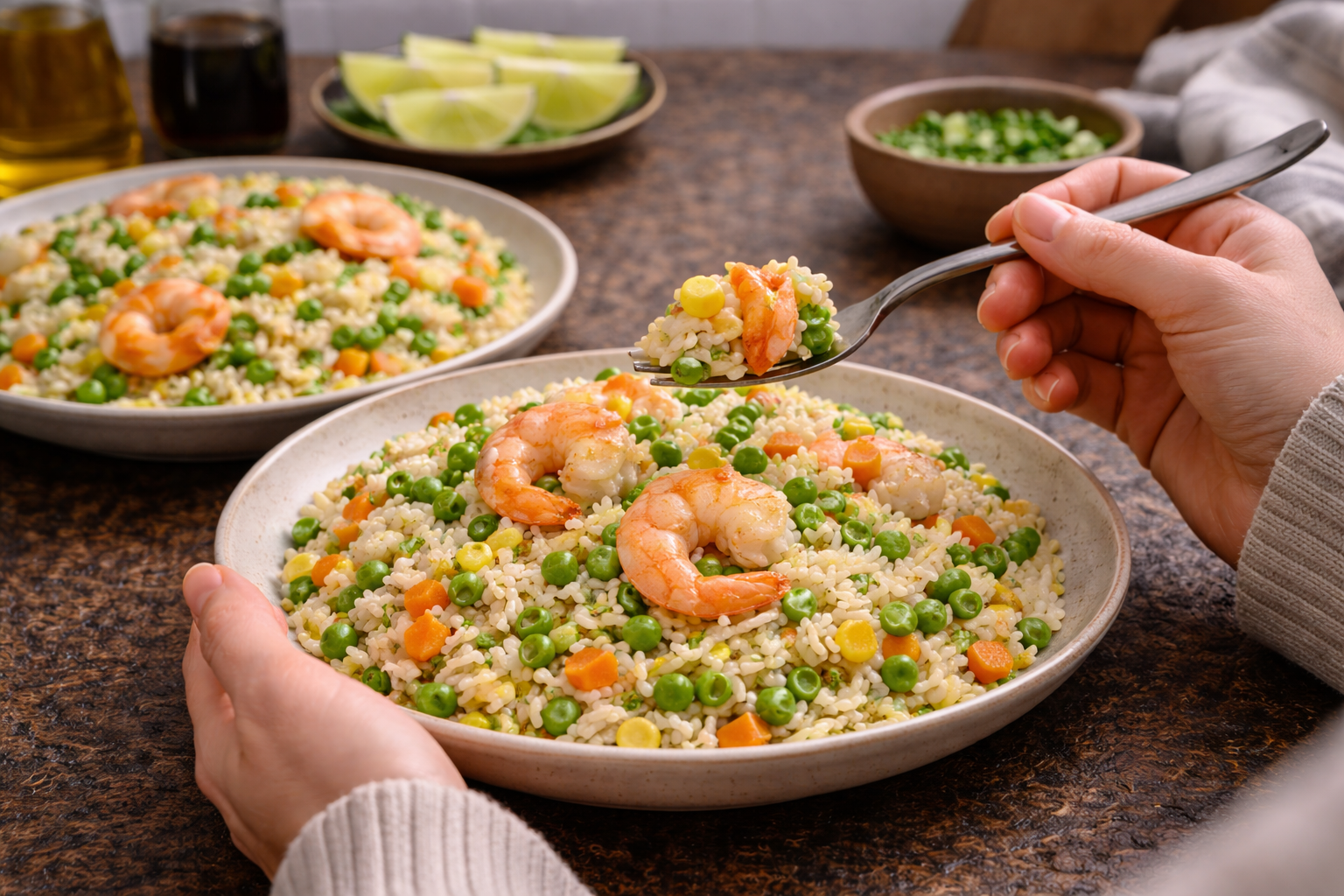 Hands serving shrimp fried rice in bowls with lime wedges on a table