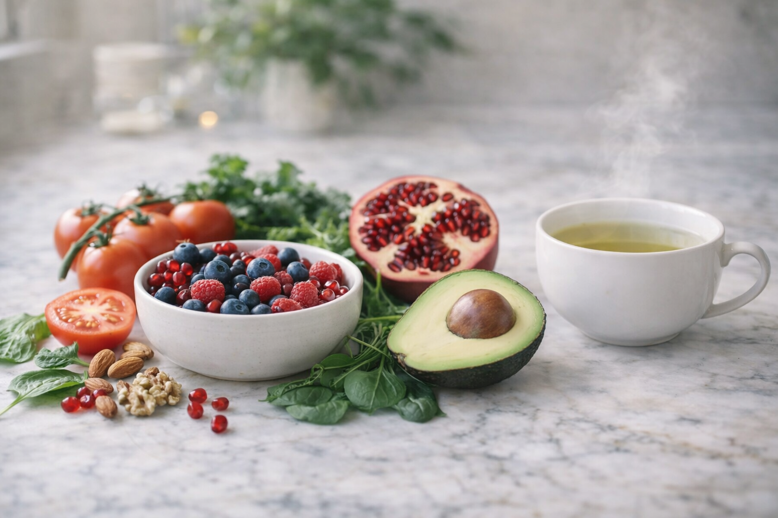 Healthy breakfast spread with berries, avocado, tomatoes, pomegranate, and a cup of tea on a marble table