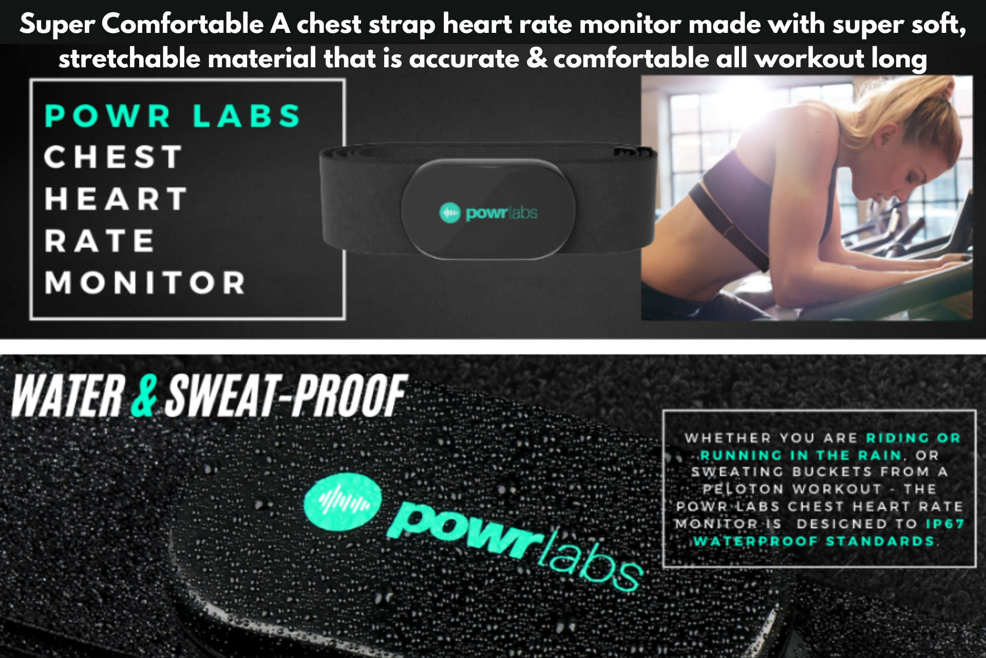 Power Labs chest heart rate monitor ad, black armband, water- and sweat-proof, worn during workout