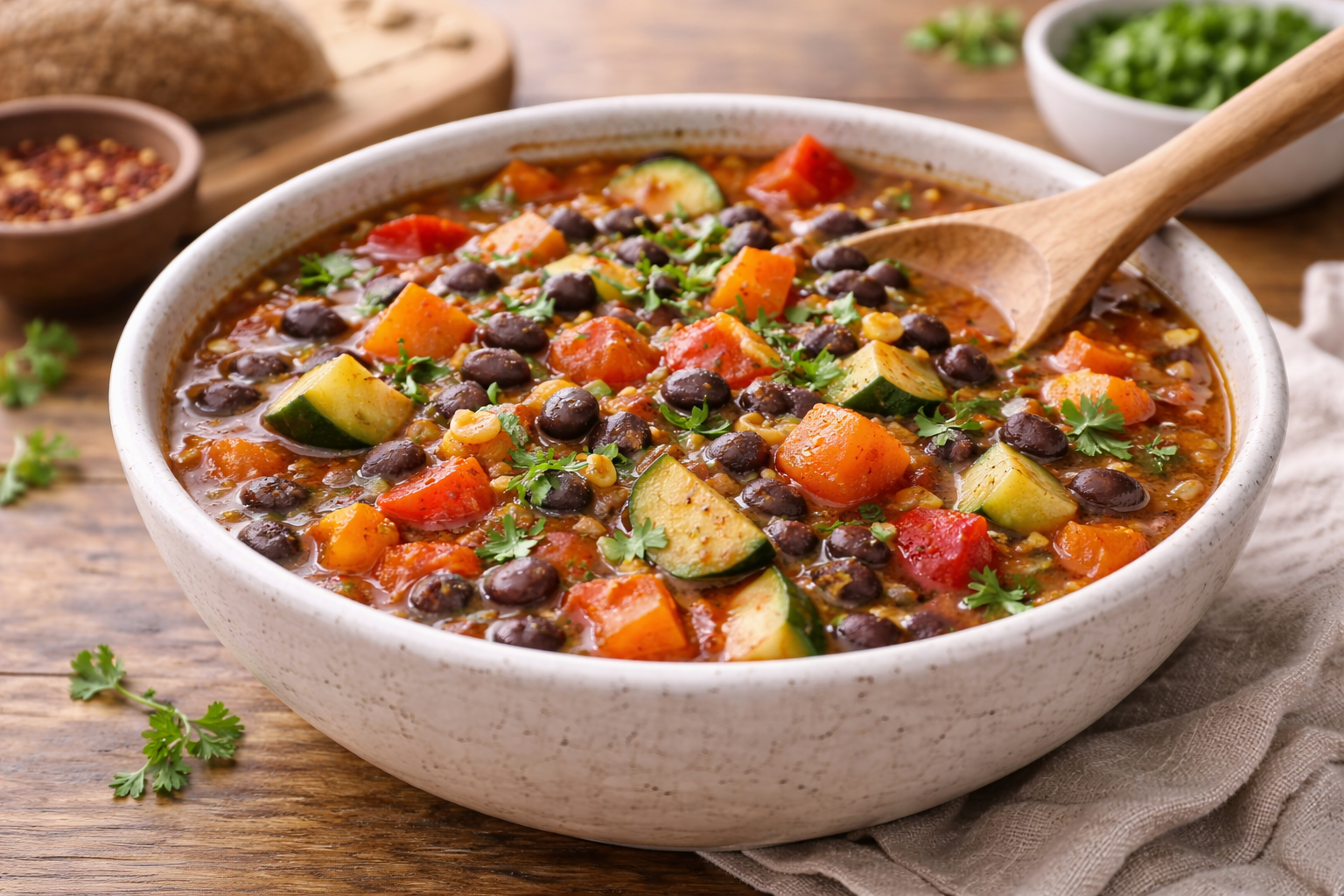 Bowl of colorful vegetable soup with zucchini, tomatoes, and herbs on a rustic table