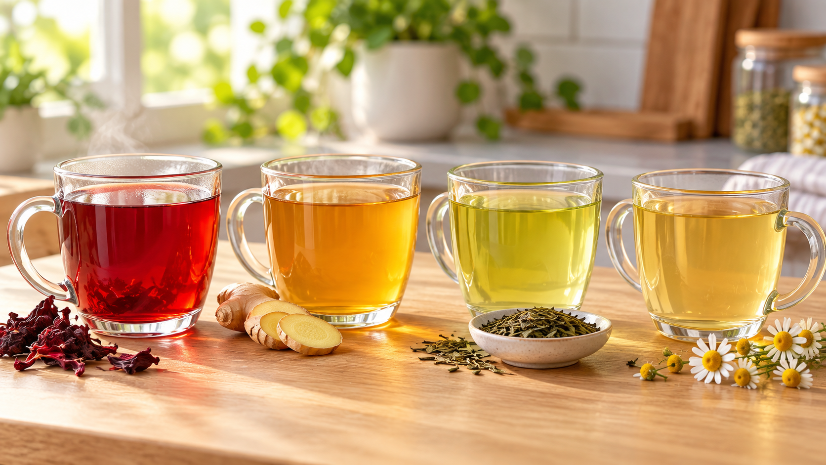 Four cups of herbal tea – hibiscus, ginger and green tea