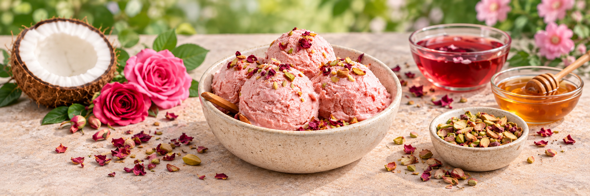 Hibiscus rose ice cream with pistachios, coconut and rose petals.