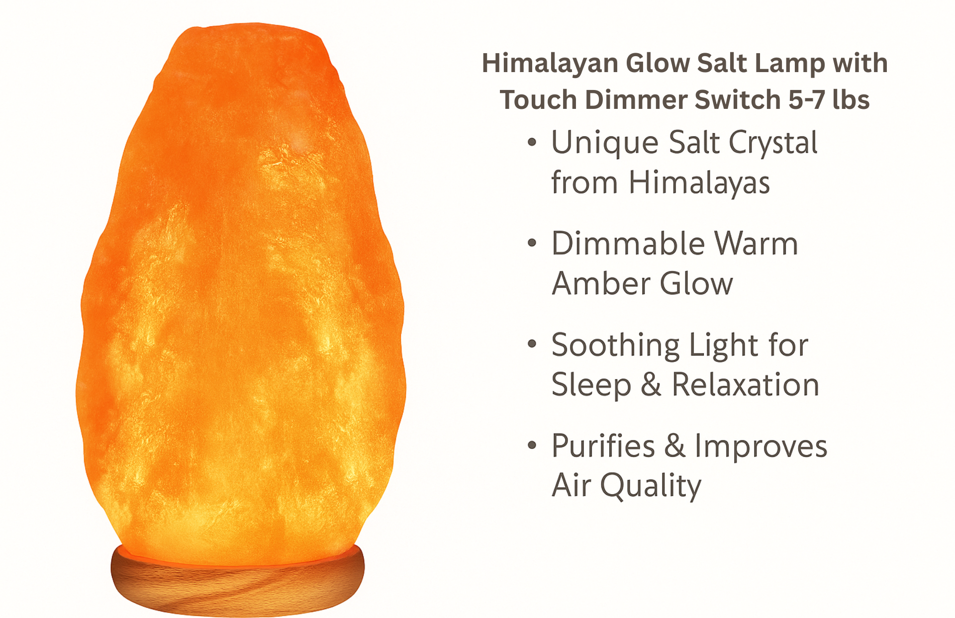 Orange Himalayan salt lamp with touch dimmer, next to text listing benefits and features